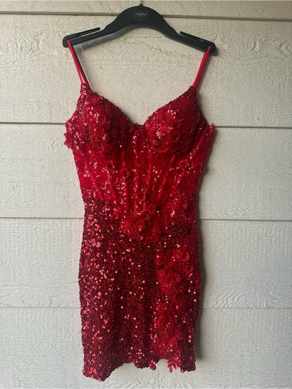 Red sequin floral mini dress